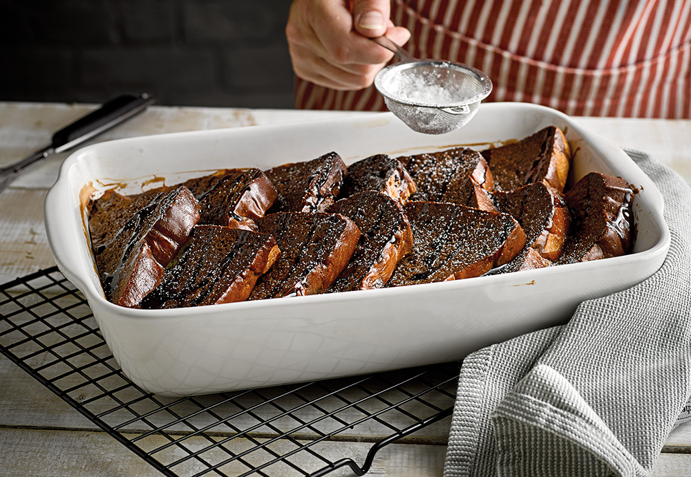 St Pierre's Brioche Chocolate Bread & Butter Pudding recipe sprinkled with a dusting of icing sugar - Mother's Day Food Ideas Chocolate Bread Pudding