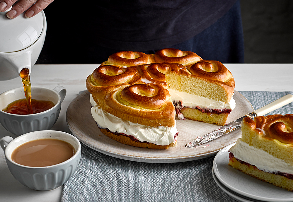 Brioche Afternoon Tea Tear & Share recipe prepared on a table with cups of tea