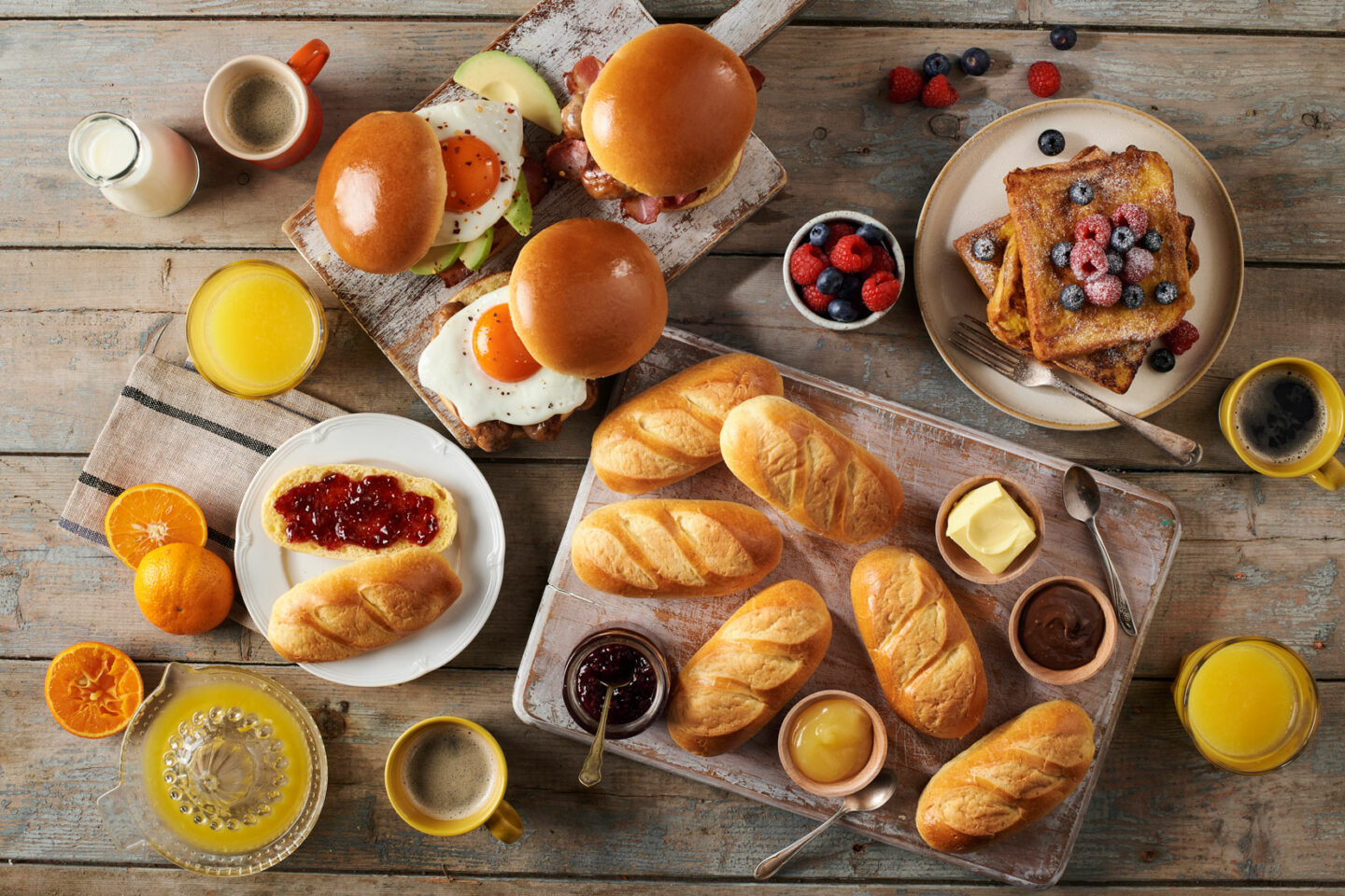 St Pierre Breakfast Spread With Brioche Loaf, Brioche Rolls and Brioche Burger Buns